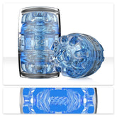 Two transparent blue and silver cylindrical objects, showcasing Fleshlight's intricate internal designs, with one standing upright while the Quickshot Turbo Open-Ended Masturbating Sleeve lies on its side. Set against a white background with reflections.